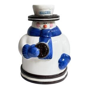 Oreo Cookie Snowman COOKIE JAR Canister & Lid Blue White Kraft Houston Harvest